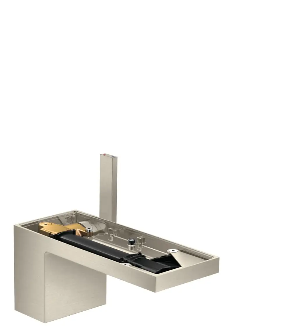 Ein Waschtischmischer in gebürstetem Nickel-Finish mit Push-Open Ablaufgarnitur. Das Design ist modern und minimalistisch, hergestellt von AXOR.